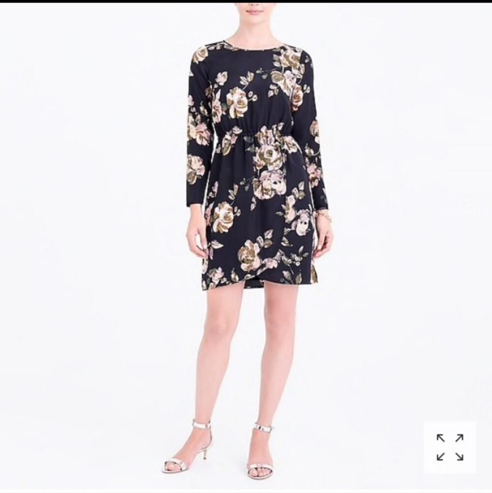 J Crew Floral Scoop Neck Long Sleeve Black and White Mini Dress Size 0